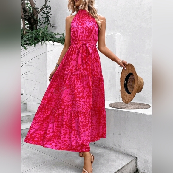NEW Chic Dot Print Tiered Ruffle Halter Maxi Dress Red Hot Pink - Picture 2 of 8